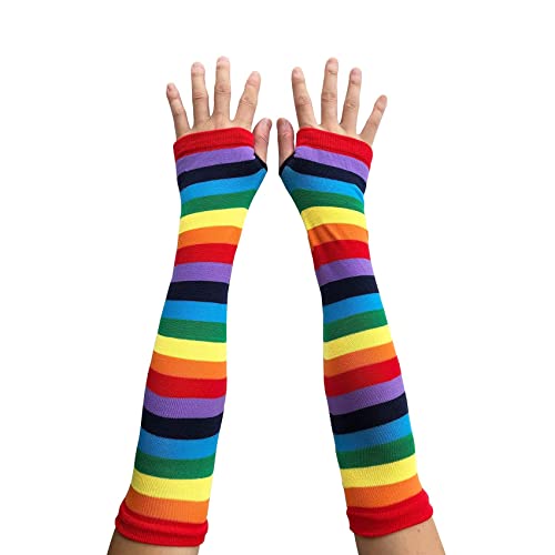 AUSUAYA WM-S-G5 Damen-Handschuhe, gestreift, lang, fingerlos, warm, Winter, Armstulpen für Punk-Rock/Cosplay/Gothic-Party, Regenbogenfarben/bunt gestreift, One size von AUSUAYA