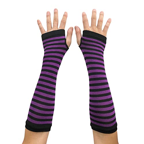 AUSUAYA WM-S-G5 Damen-Handschuhe, gestreift, lang, fingerlos, warm, Winter, Armstulpen für Punk-Rock/Cosplay/Gothic-Party, Schwarz und Violett gestreift, One size von AUSUAYA