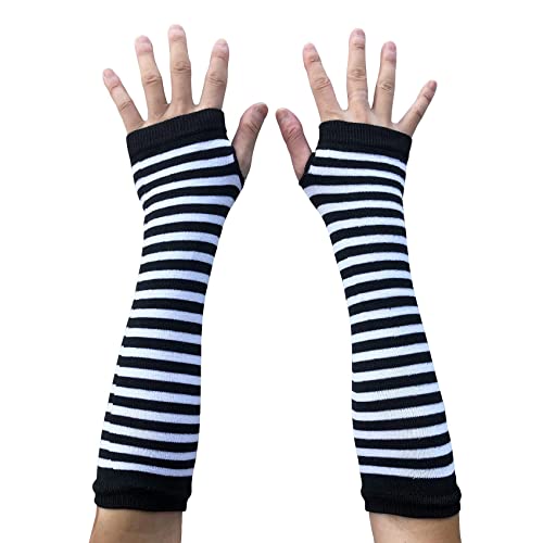 AUSUAYA Frauen gestreifte lange fingerlose warme Handschuhe Winter Armstulpen für Punk Rock Cosplay Goth Party WM-S-G5, Schwarz und Weiß gestreift, One size von AUSUAYA