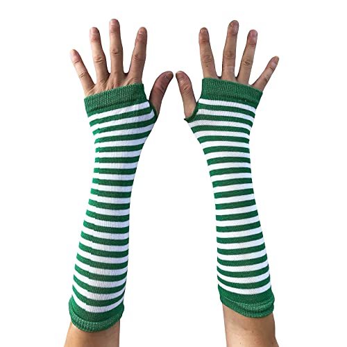 AUSUAYA WM-S-G5 Damen-Handschuhe, gestreift, lang, fingerlos, warm, Winter, Armstulpen für Punk-Rock/Cosplay/Gothic-Party, Weiß und Grün gestreift – St. Patrick's Day, One size von AUSUAYA