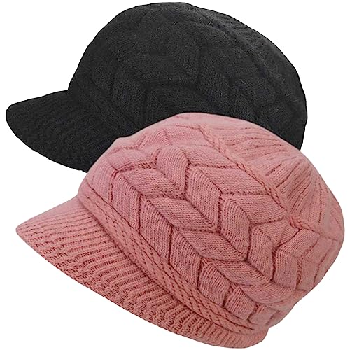 AUSUAYA Damen Wollmütze mit warmen Fleece gefüttert, Strickmütze mit Visier für Schnee Ski kaltes Wetter Winter WS-H1 (2er-Set - Schwarz und Rosa) von AUSUAYA