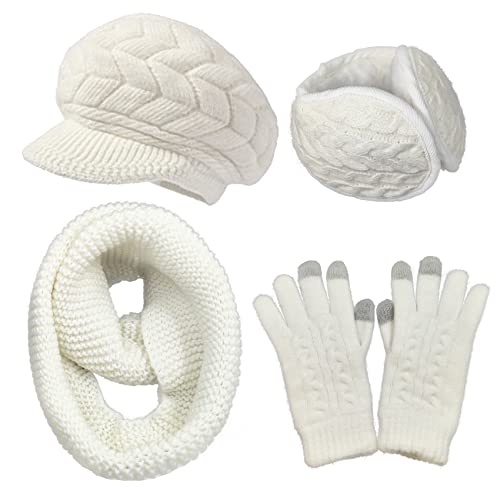 AUSUAYA Warme Damenmütze für den Winter, Wollstrickmütze mit Visor, Newsboy-Mütze mit warmem Fleece-Futter, DE-W2M (Z2 Weiße Mütze + Schal + Ohrenschützer + Handschuhe mit Touchscreen) von AUSUAYA