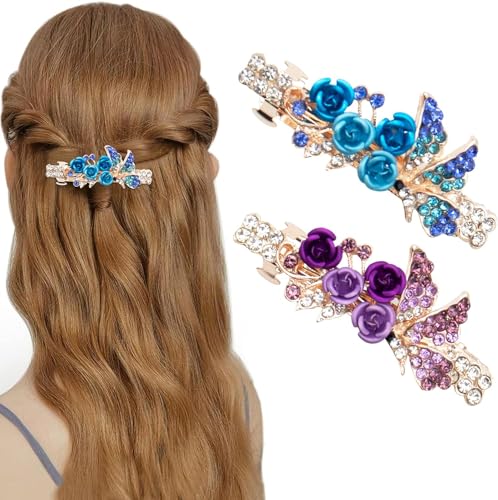 AUSYIWI 2 Stück Elegante Haarspangen für Damen, Exquisite Blumen Haarklammer, Kristall Strass Haarspangen, Vintage Haarklammer Haarschmuck, Glitzernde Mode (Blau & Violett) von AUSYIWI