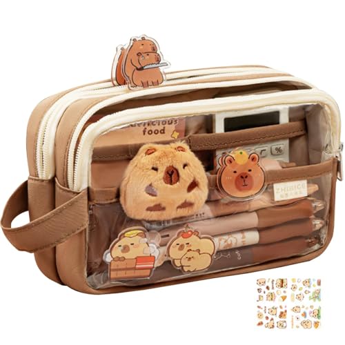 Federmäppchen, Durchsichtiges Federmäppchen mit Niedlichem Capybara-Plüsch und Nadeln, Mehrschichtiges Federmäppchen mit Großem Fassungsvermögen, Niedliche Make-Up-Tasche für Schreibwaren im Büro von AUTOECHO