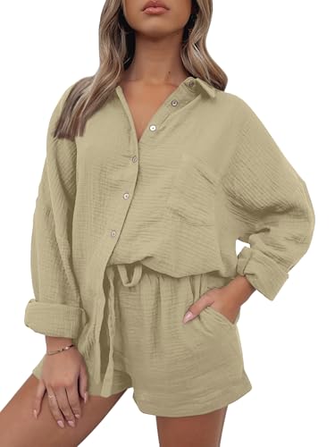 AUTOMET 2 Stück Outfits Für Frauen Lounge Sets Pyjama Sets Langarm Button Down Oversized Shirts Und Shorts Herbst Trainingsanzug, 01apricot, S von AUTOMET