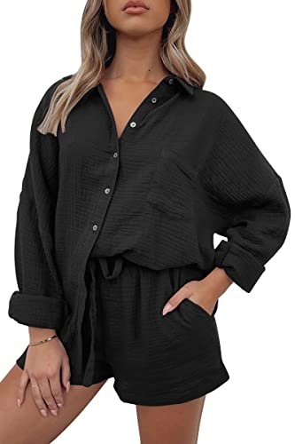 AUTOMET 2 Stück Outfits Für Frauen Lounge Sets Pyjama Sets Langarm Button Down Oversized Shirts Und Shorts Herbst Trainingsanzug, 01black, M von AUTOMET