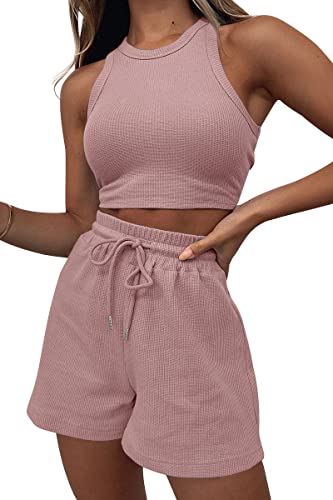 AUTOMET 2-teiliges Outfit für Damen, Lounge-Set, zweiteilige Leinen-Shorts, Frühlingsoberteile 2024, trendige Kleidung, Sommerurlaub, Pink, M von AUTOMET