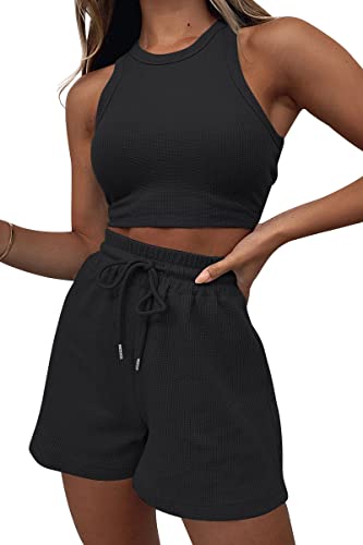 AUTOMET 2-teiliges Outfit für Damen, Lounge-Set, zweiteilige Leinen-Shorts, Frühlingsoberteile 2024, trendige Kleidung, Sommerurlaub, Schwarz, XL von AUTOMET