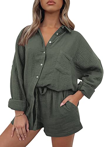 AUTOMET 2-teilige Outfits für Damen, Lounge-Sets, Pyjama-Sets, langärmelig, Knopfleiste, übergroße Hemden und Shorts, Herbst-Trainingsanzug, Army Grün, S von AUTOMET