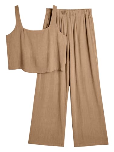 AUTOMET 2-teiliges Damen-Outfit, Lounge-Set, Leinen, bauchfreies Top, weites Bein, Jumpsuits mit Taschen, 2023, modische Kleidung, Kaffee, M von AUTOMET