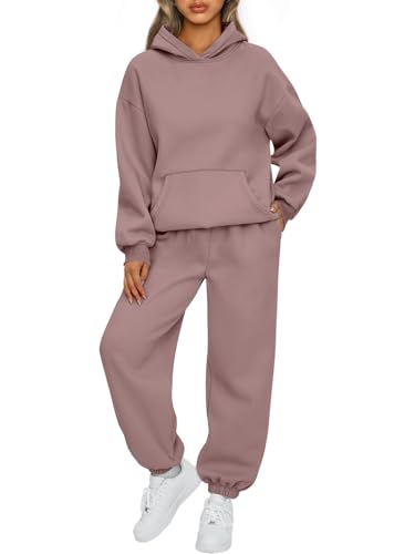 AUTOMET 2-teiliges Damen-Outfits, Lounge-Kapuzenpullover, Sweatsuit-Set, übergroßes Sweatshirt, Baggy Herbst, modische Sweathose mit Taschen, Dunkelrosa, Large von AUTOMET