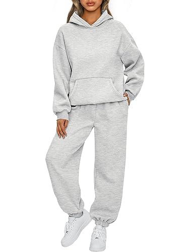 AUTOMET 2-teiliges Damen-Outfits, Lounge-Kapuzenpullover, Sweatsuit-Set, übergroßes Sweatshirt, Baggy Herbst, modische Sweathose mit Taschen, GRAU, Large von AUTOMET