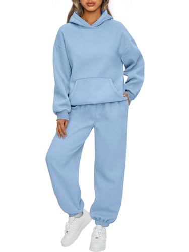 AUTOMET 2-teiliges Damen-Outfits, Lounge-Kapuzenpullover, Sweatsuit-Set, übergroßes Sweatshirt, Baggy Herbst, modische Sweathose mit Taschen, Hellblau, Small von AUTOMET