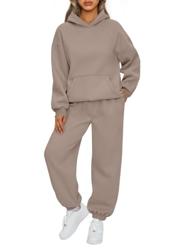 AUTOMET 2-teiliges Damen-Outfits, Lounge-Kapuzenpullover, Sweatsuit-Set, übergroßes Sweatshirt, Baggy Herbst, modische Sweathose mit Taschen, Kaffeegrau, Large von AUTOMET