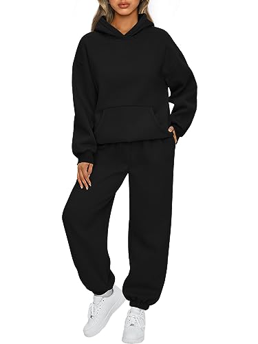 AUTOMET, 2-teiliges Damen-Outfit, Lounge-Kapuzenpullover, Sweatshirt, Oversize-Sweatshirt, Schlabberlook, Herbstmode, Jogginghose mit Taschen, Schwarz, Small von AUTOMET