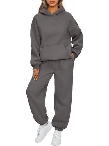 AUTOMET 2-teiliges Damen-Outfits, Lounge-Kapuzenpullover, Sweatsuit-Set, übergroßes Sweatshirt, Baggy Herbst, modische Sweathose mit Taschen, Schwarz/Grau, Large von AUTOMET