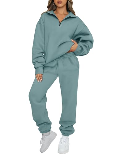 AUTOMET 2-teiliges Damen-Outfits, langärmelig, Sweatsuit-Set, halber Reißverschluss, Sweatshirts mit Jogginghose, Bluegreen, Mittel von AUTOMET