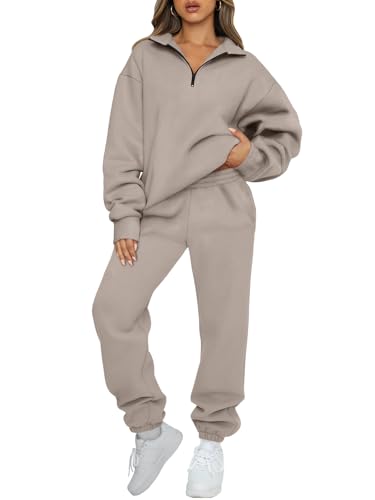 AUTOMET 2-teiliges Damen-Outfits, langärmelig, Sweatsuit-Set, halber Reißverschluss, Sweatshirts mit Jogginghose, Kaffeegrau, Large von AUTOMET