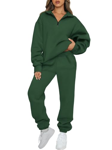 AUTOMET 2-teiliges Damen-Outfits, langärmelig, Sweatsuit-Set, halber Reißverschluss, Sweatshirts mit Jogginghose, XmasGreen, Large von AUTOMET