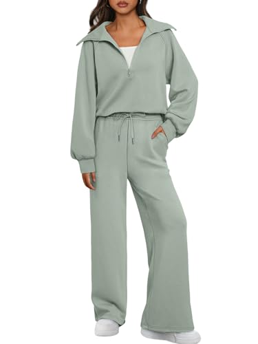 AUTOMET 2-teiliges Damen-Sweatshirt, langärmelig, passende Sets mit halbem Reißverschluss, Sweatpants mit weitem Bein, Beangreen, Medium von AUTOMET