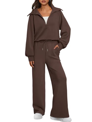 AUTOMET 2-teiliges Damen-Sweatshirt, langärmelig, passende Sets mit halbem Reißverschluss, Sweatpants mit weitem Bein, Braun, M von AUTOMET