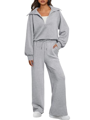 AUTOMET 2-teiliges Damen-Sweatshirt, langärmelig, passende Sets mit halbem Reißverschluss, Sweatpants mit weitem Bein, GRAU, Large von AUTOMET