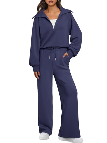 AUTOMET 2-teiliges Damen-Sweatshirt, langärmelig, passende Sets mit halbem Reißverschluss, Sweatpants mit weitem Bein, Marineblau, L von AUTOMET