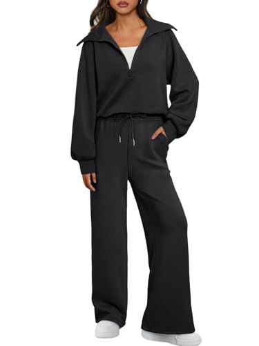 AUTOMET 2-teiliges Damen-Sweatshirt, langärmelig, passende Sets mit halbem Reißverschluss, Sweatpants mit weitem Bein, Schwarz, M von AUTOMET
