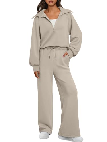AUTOMET 2-teiliges Damen-Sweatsuit-Set, Loungewear-Set, Viertelreißverschluss, Pullover mit weitem Bein, Kaffeegrau, XL von AUTOMET