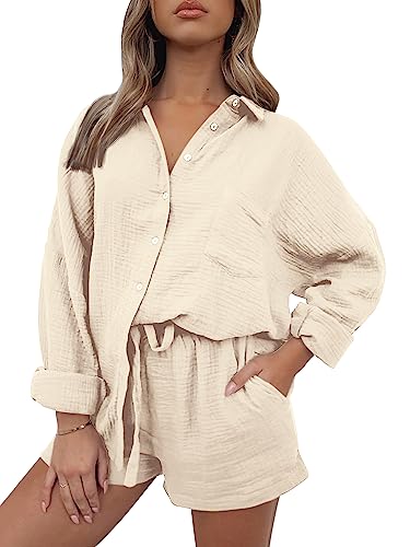 AUTOMET 2-teiliges Outfit für Damen, Lounge-Sets, Pyjama-Sets, langärmelig, Button-Down-Oversize-Hemden und Shorts, Herbst-Trainingsanzug, 01beige, S von AUTOMET