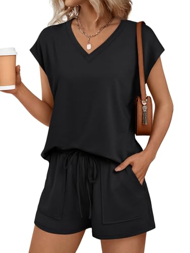 AUTOMET 2-teiliges Set mit V-Ausschnitt und Flügelärmeln und Shorts, passendes Sommer-Lounge-Set, Schwarz, S von AUTOMET
