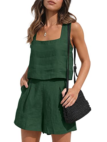 AUTOMET 2-teiliges Outfit für Damen, Lounge-Set, zweiteilige Leinen-Shorts, bauchfreie Tops, trendige Kleidung, Sommerurlaub-Set, Drakgreen, 38 von AUTOMET