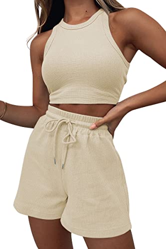 AUTOMET Damen 2 Stück Outfits Lounge Sets Sweatsuits Ärmellos Waffel Crop Top und Kordelzug Shorts Set Trainingsanzüge Sommer, Beige, Medium von AUTOMET