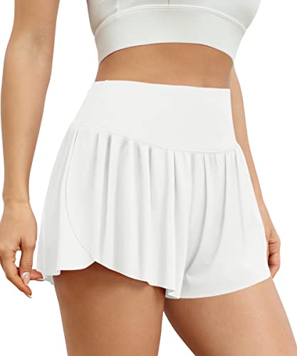 AUTOMET Damen-Shorts, 2-in-1, Laufen, athletisch, Workout, trendige Shorts, Sommer, lässig, hohe Taille, Yoga, Tennisröcke, Weiss/opulenter Garten, Mittel von AUTOMET