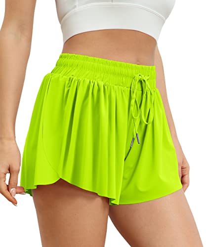 AUTOMET 2-in-1-Laufshorts für Damen, lässig, Sommer, athletische Shorts, Neon-Grün, Groß von AUTOMET