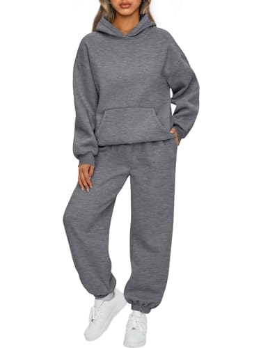 AUTOMET Damen 2-teiliges Outfit, Lounge-Hoodie, Sweatanzug-Sets, übergroßes Sweatshirt, Baggy, Herbst, modische Jogginghose mit Taschen, Dunkelgrau, X-Large von AUTOMET