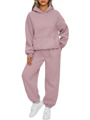 AUTOMET Damen 2-teiliges Outfit, Lounge-Hoodie, Sweatanzug-Sets, übergroßes Sweatshirt, Baggy, Herbst, modische Jogginghose mit Taschen, Dunkelrosa, Medium von AUTOMET