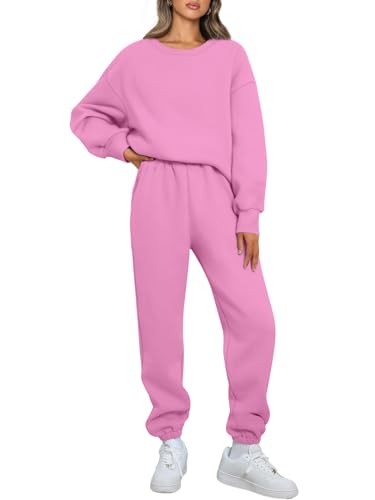 AUTOMET Damen 2-teiliges Outfits, Sweatsuit, übergroßes Sweatshirt, Lounge-Sets, Baggy, Sweathose, Herbstmode mit Taschen, Pink, Small von AUTOMET