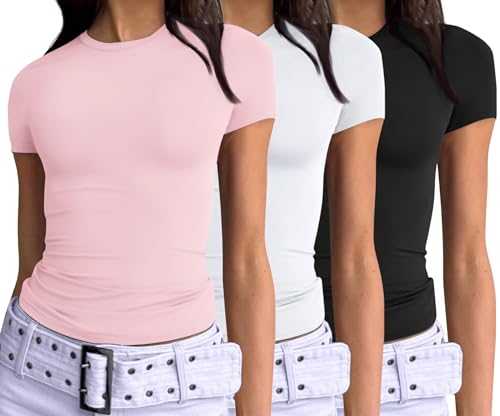 AUTOMET Damen 3-teiliges Kurzarm-Shirt, Basic zum Ausgehen, schmale Passform, bauchfreies Oberteil 2024, Y2k Kleidung, Schwarz, Weiß, Pink, Mittel von AUTOMET