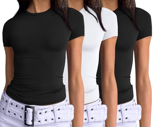 AUTOMET Damen Basic Going Out Tops Slim Fit Kurzarm Crop Tops Rundhals Enge T-Shirts Y2k Tops Teen Girls, Schwarz, schwarz, weiß, X-Klein von AUTOMET
