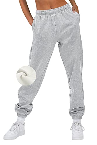 AUTOMET Damen Casual Baggy Fleece Sweatpants Hohe Taille Jogginghose Athletic Lounge Hose mit Taschen, GRAU, M von AUTOMET