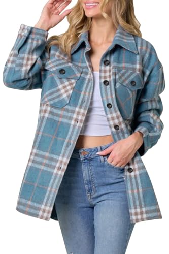 AUTOMET Damen Casual Plaid Shacket Wollmischung Button Down Langarm Shirt Herbst Jacke Shackets, dunkelblau, X-Large von AUTOMET