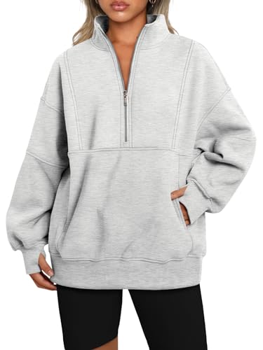 AUTOMET Damen Half Zip Oversized Sweatshirts Fleece Langarm Hoodies Casual Pullover mit Taschen, GRAU, M von AUTOMET