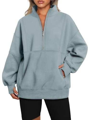 AUTOMET Damen Half Zip Oversized Sweatshirts Fleece Langarm Hoodies Casual Pullover mit Taschen, Graugrün, L von AUTOMET