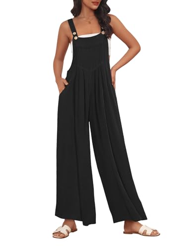 AUTOMET Damen-Jumpsuit, Overall, weites Bein, lässig, Sommer-Outfits, Strampler, Pullover, ärmellose Träger mit Taschen 2024, Schwarz, Large von AUTOMET