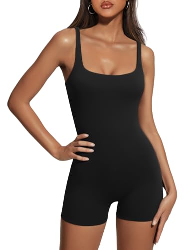 AUTOMET Damen Jumpsuits Einteiler Shorts Strampler Yoga Ärmellos Rückenfrei Nahtlose Bodycon Outfits 2023, Schwarz, Large von AUTOMET