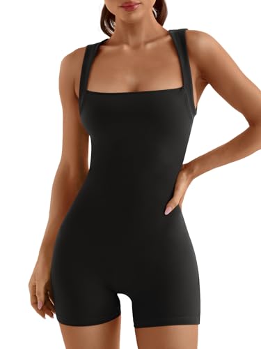 AUTOMET Damen Jumpsuits Unitard Bodysuits Shorts Strampler Bauchkontrolle Ärmellos Nahtlos Yoga Bodycon Outfits Kleidung 2023, Schwarz, Small von AUTOMET