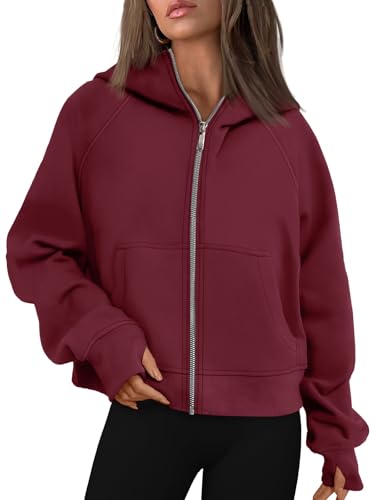 AUTOMET Damen Kapuzenpullover mit Reißverschluss, Fleece, übergroße Sweatshirts, Durchgehender Reißverschluss, Y2k, Herbstkleidung 2024, modische Outfits, Weinrot, S von AUTOMET