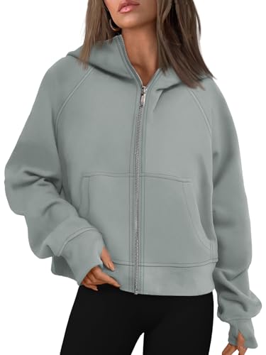 AUTOMET Damen-Kapuzenpullover mit Reißverschluss, Fleece-Jacken, übergroße Sweatshirts, Herbstmode, Outfits, 2024, Pullover, Winterkleidung, Graugrün, M von AUTOMET