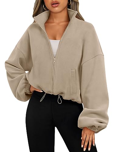 AUTOMET Damen-Kapuzenpullover mit Reißverschluss, übergroße Sweatshirts, langärmelig, bauchfrei, Sherpa, Herbst-Outfits, modische Kleidung 2024, Khaki, M von AUTOMET